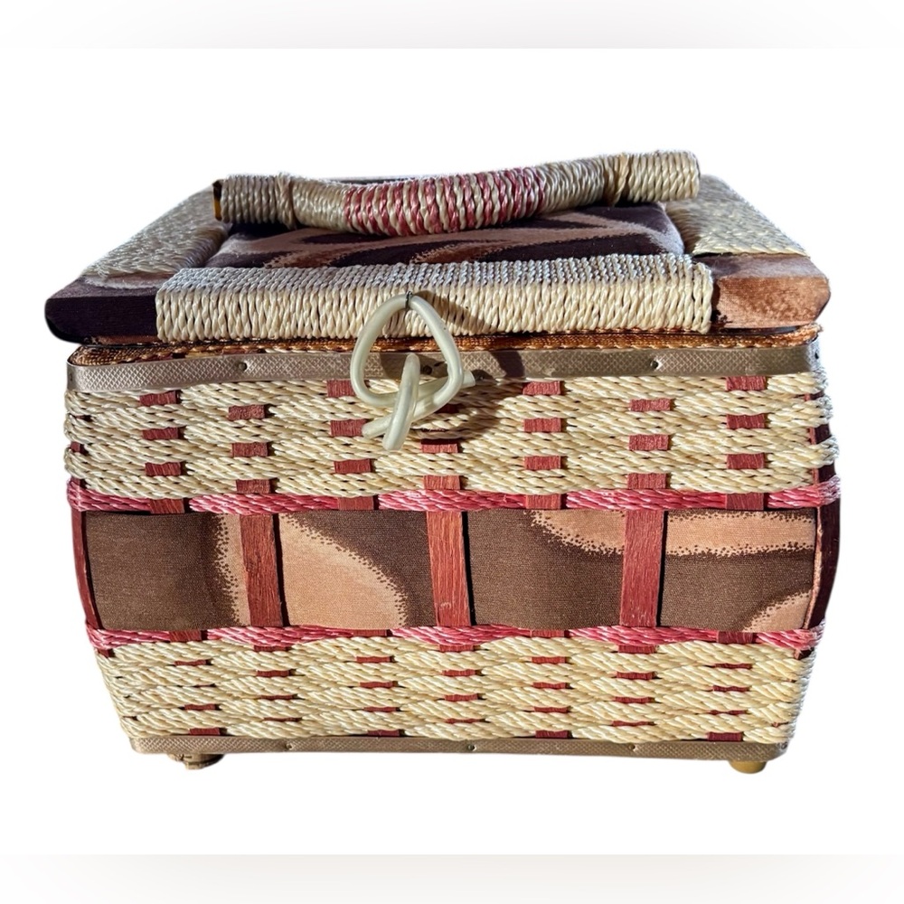 Vintage Sewing Basket Tan Wicker Brown & Pink Fabric Red Liner Colortex Co.
